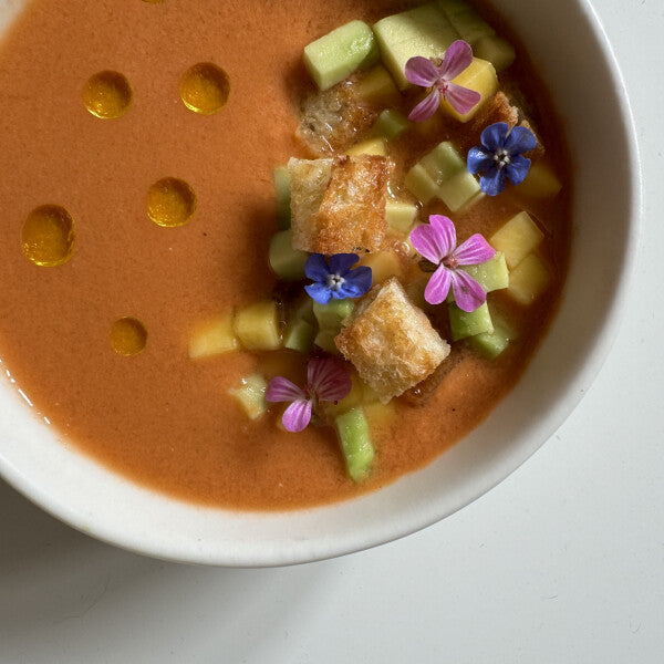 Spanish Gazpacho, Seasonal Garnish, Croutons, Camomile oil