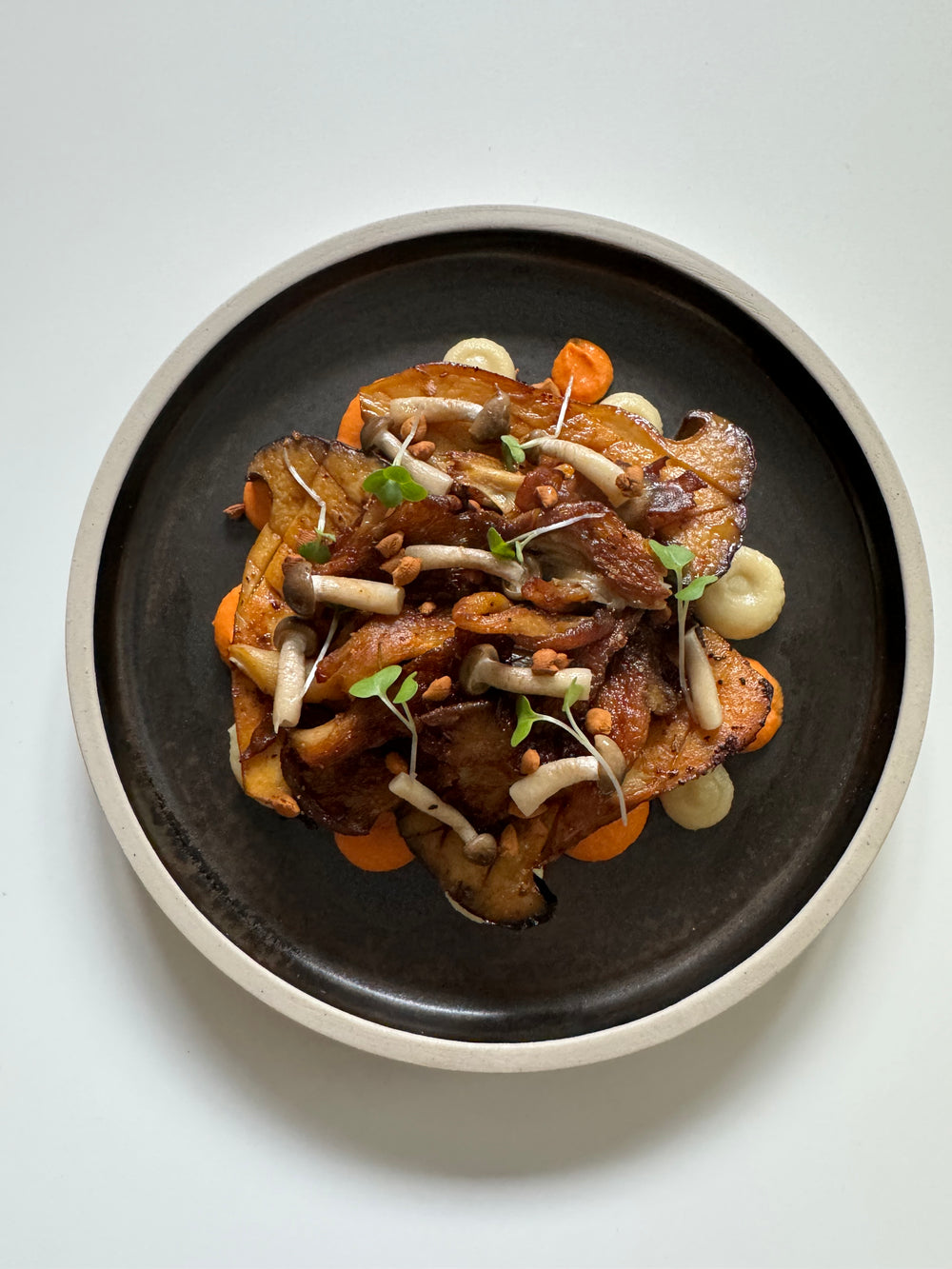 Grilled Mushrooms, Romesco sauce, Celeriac Purée, Pickled Shimeji & toasted yeast
