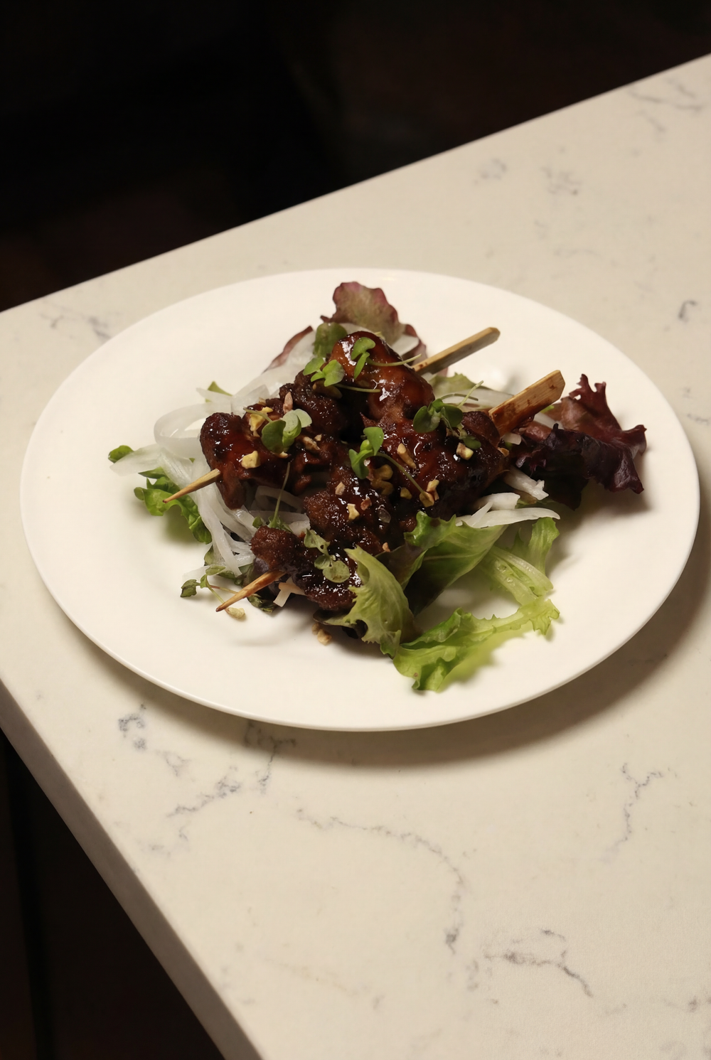 Korean Mushrooms Skewers, Pickled Daikon, Pistachio